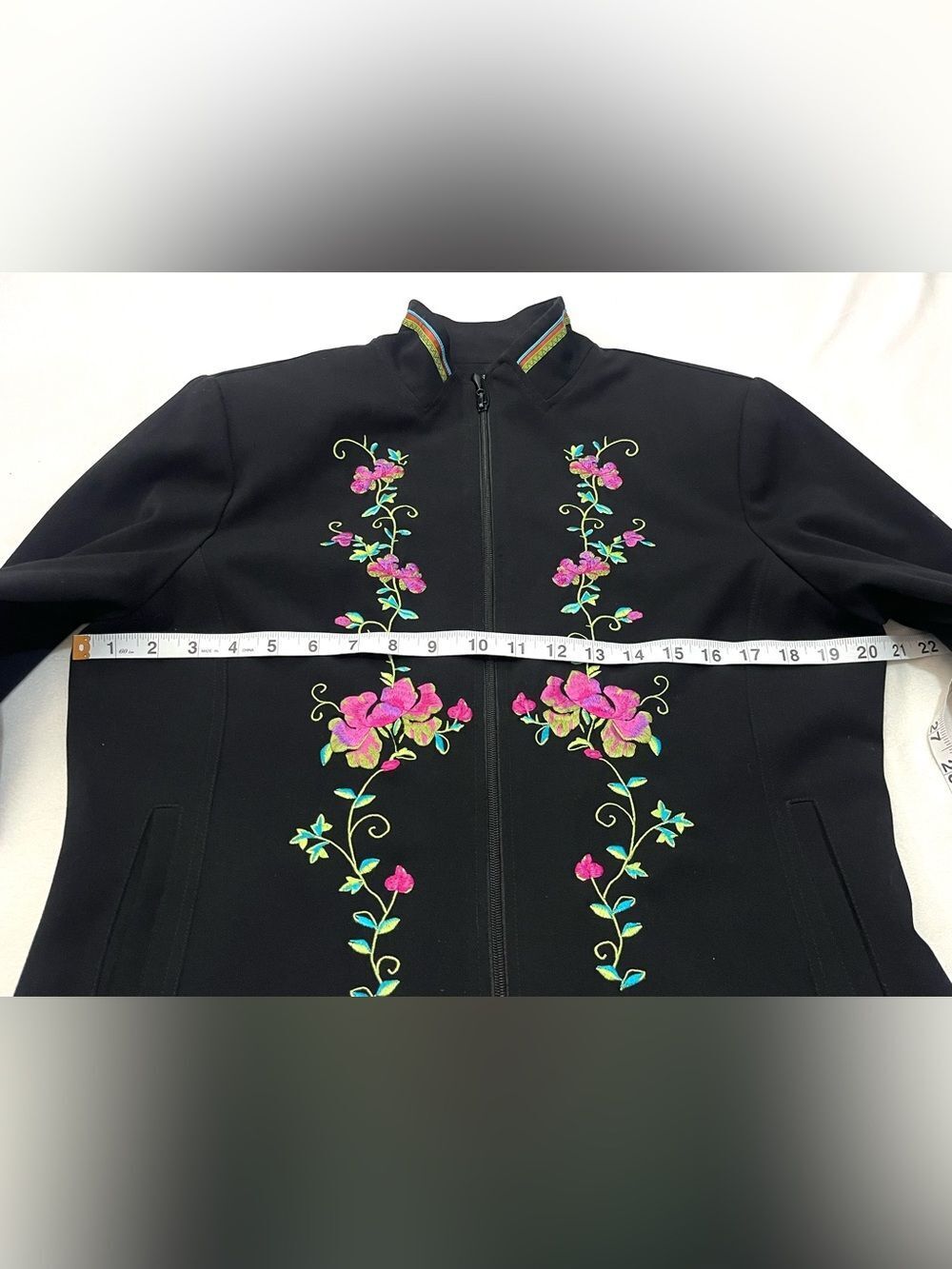 Nancy Bolen Embroidered Sequin Black Pink Floral Zip Blazer Jacket Women’s Top - Picture 14 of 16
